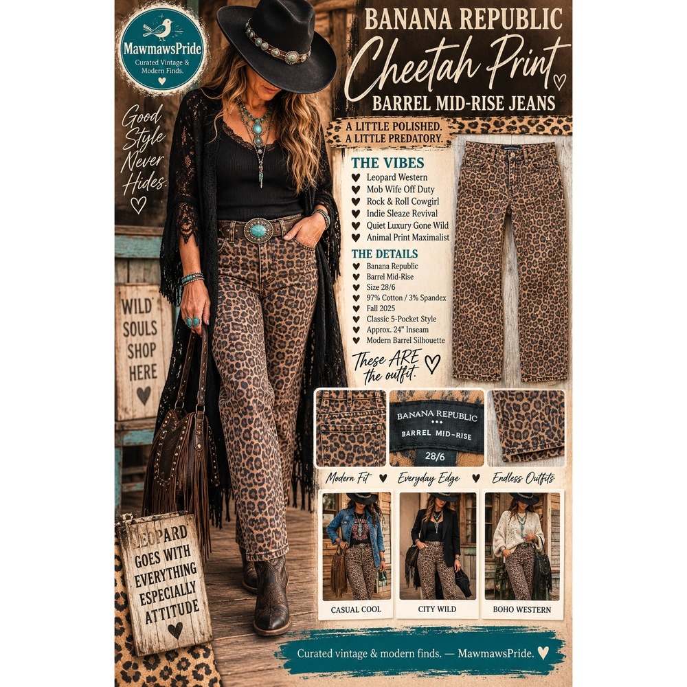 Banana Republic Cheetah Barrel Jeans 28 Leopard Mob Wife Western Fall boho-chic
